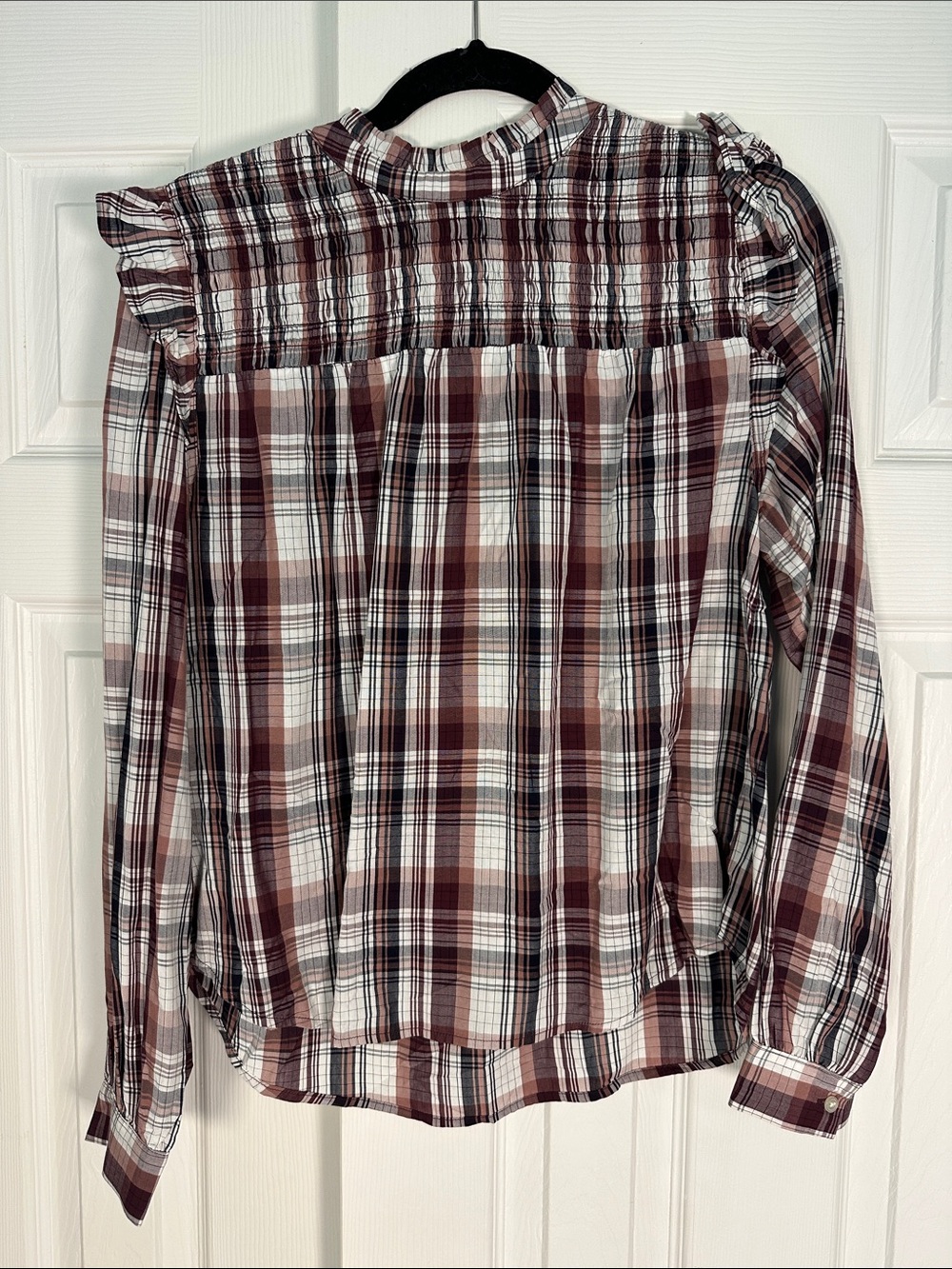LOFT Burgundy and White Plaid Ruffle Yoke Button-Down